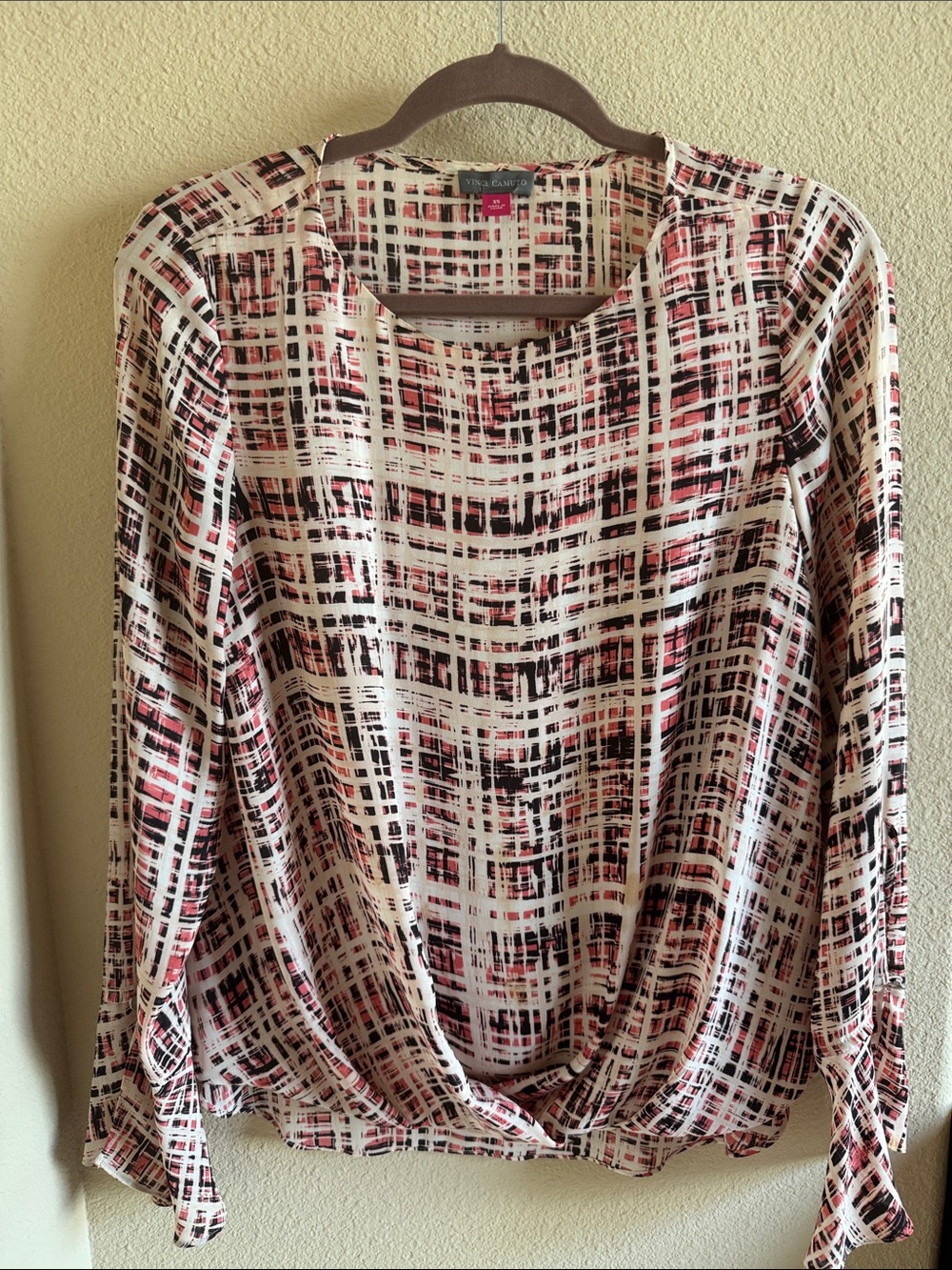 Vince Camuto Cream, Pink & Black Grid-Print Long Sleeve Blouse
